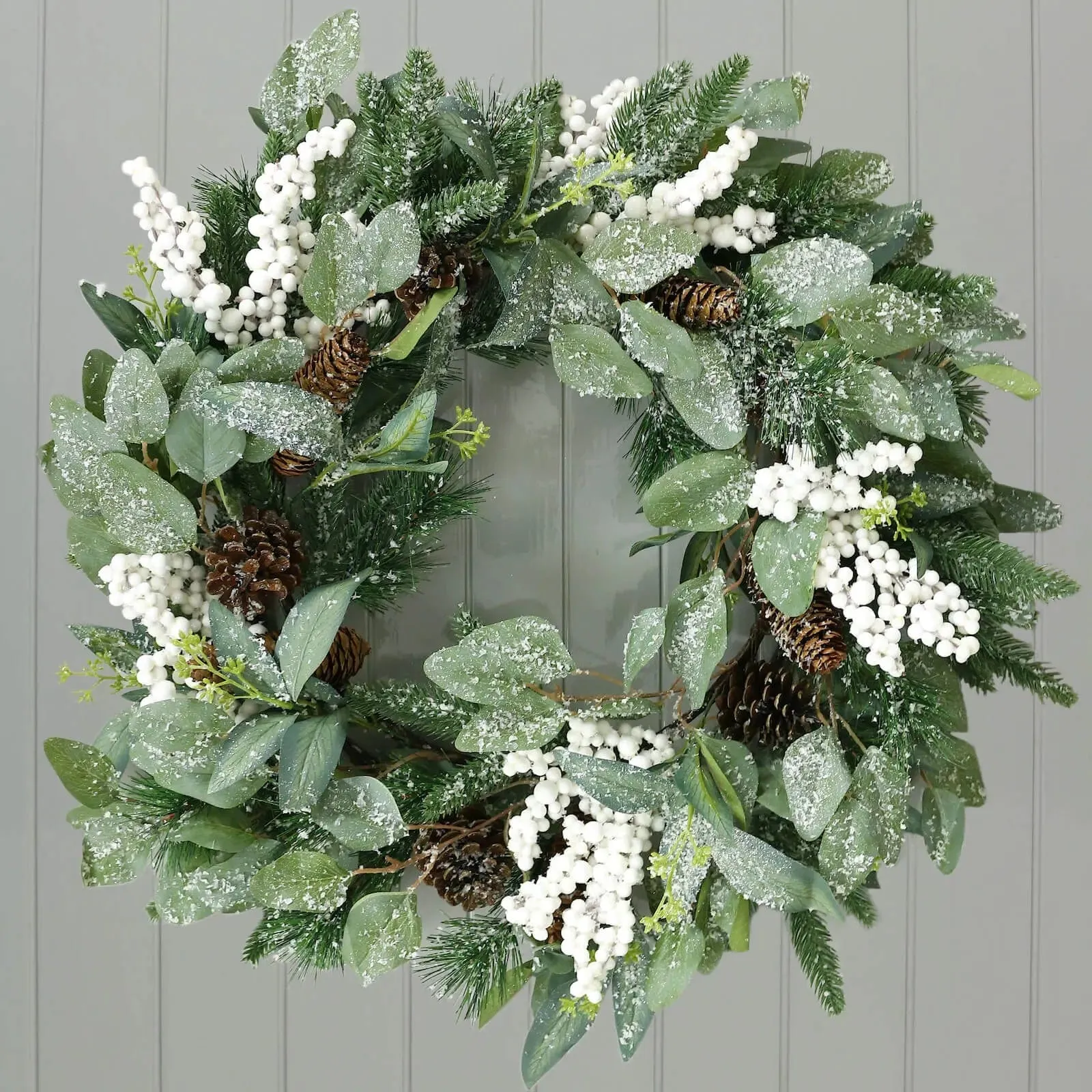 Frosted Christmas Wreath Snowberries Forest Pine Cones 60cm