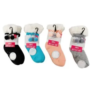 Girls Winter Sherpa Socks with Pompom and Anti Slip Grip - 4-7