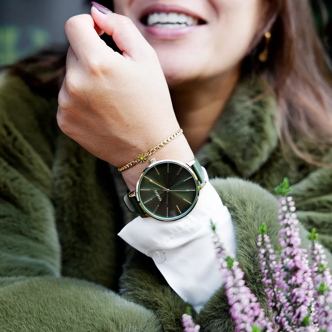 Gold coloured OOZOO watch with forest green leather strap - C11257