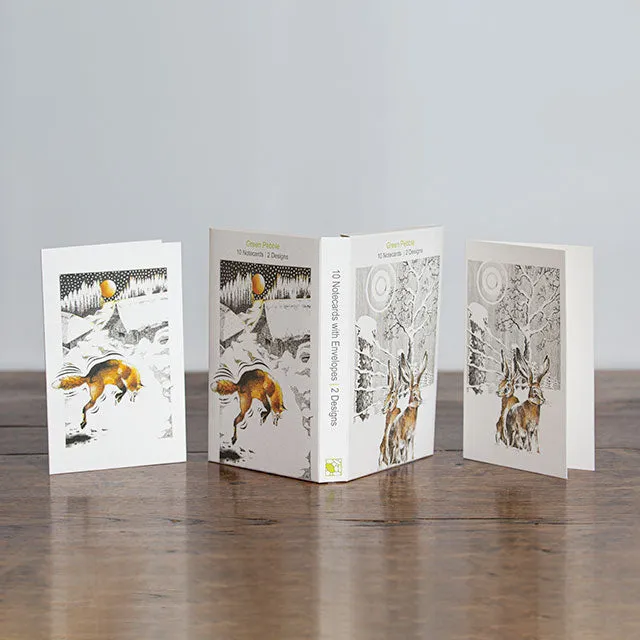 Hares in Winter   Pouncing Fox - Boxed Set of 10 Note Cards