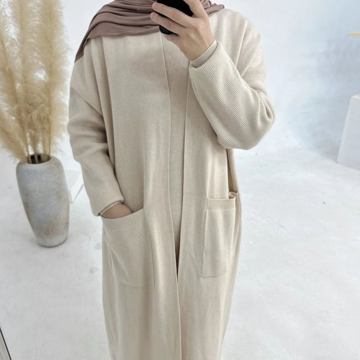 Knitted Open Abaya For Autumn and Winter, 2-Piece Set with Pockets (MOA103)