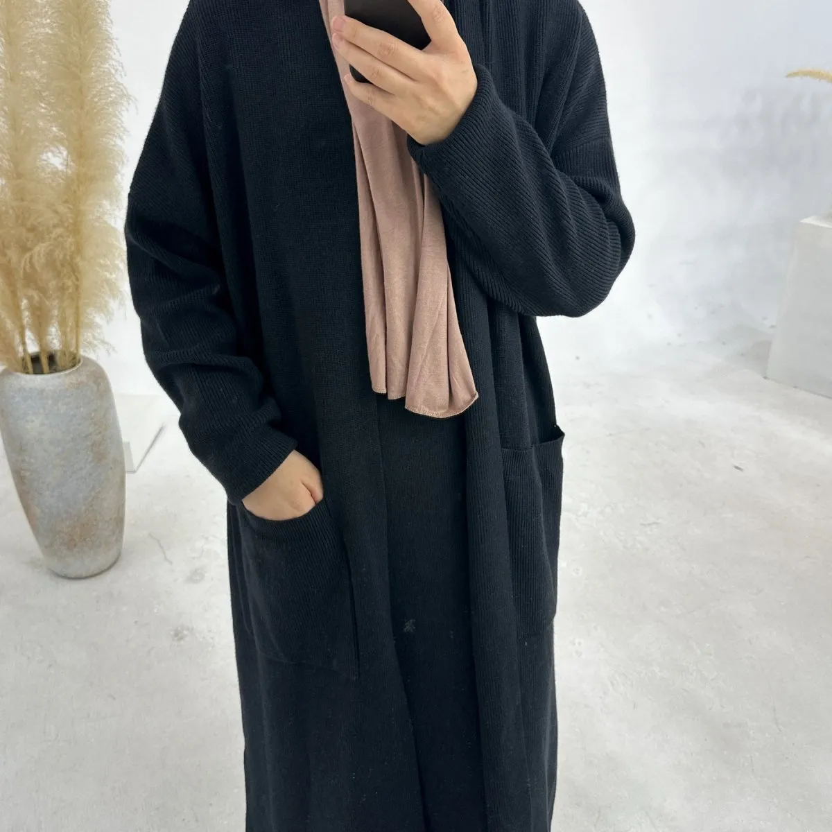 Knitted Open Abaya For Autumn and Winter, 2-Piece Set with Pockets (MOA103)