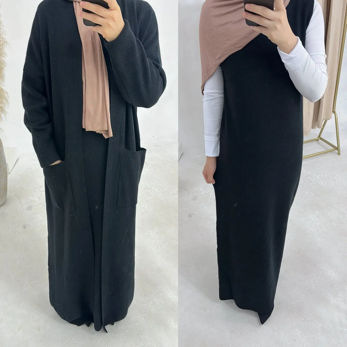 Knitted Open Abaya For Autumn and Winter, 2-Piece Set with Pockets (MOA103)