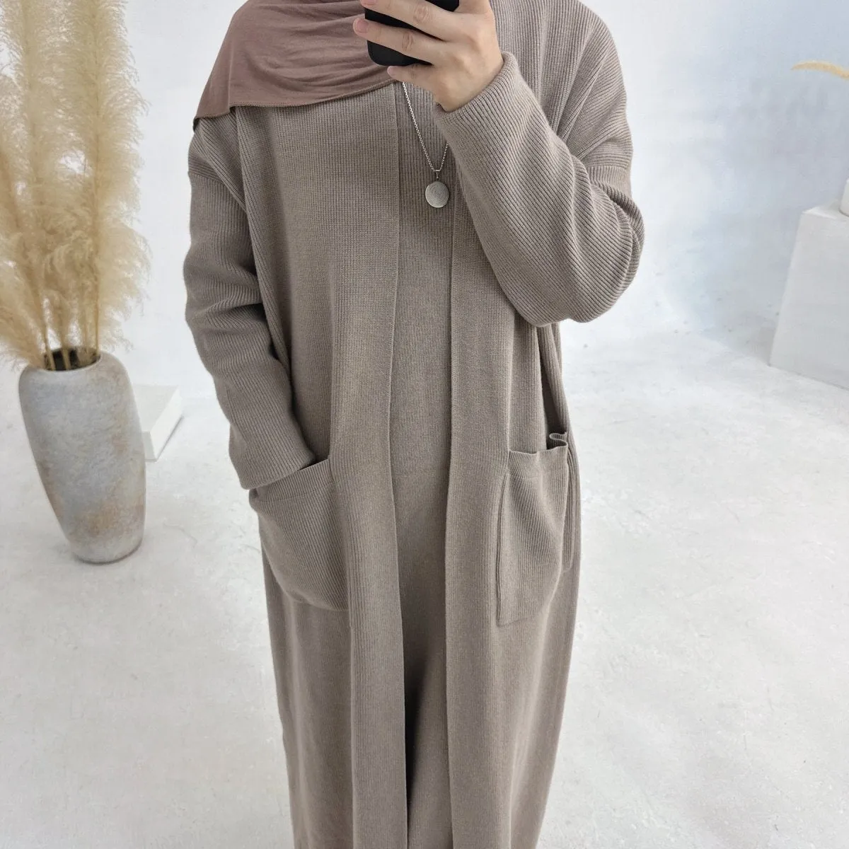 Knitted Open Abaya For Autumn and Winter, 2-Piece Set with Pockets (MOA103)