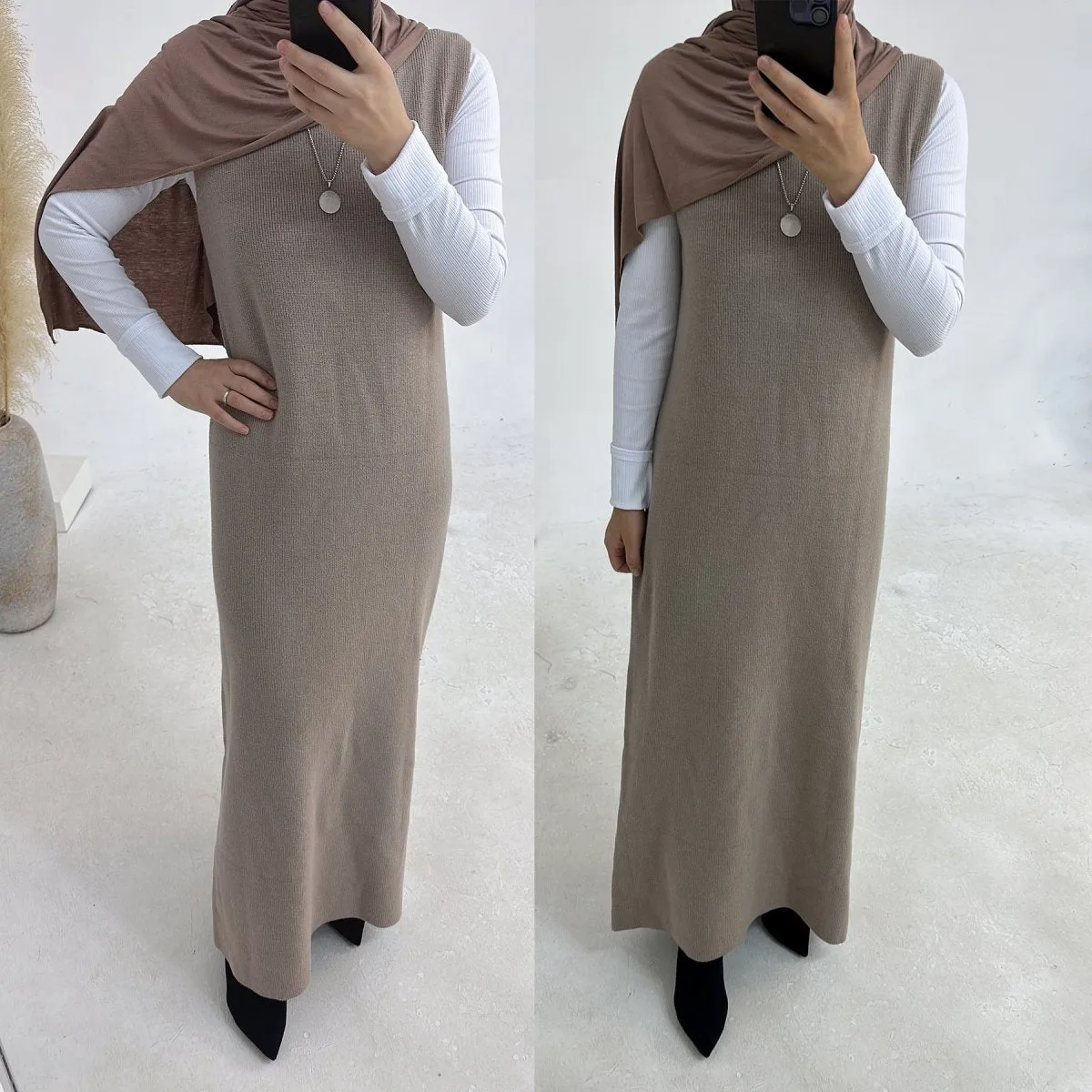 Knitted Open Abaya For Autumn and Winter, 2-Piece Set with Pockets (MOA103)