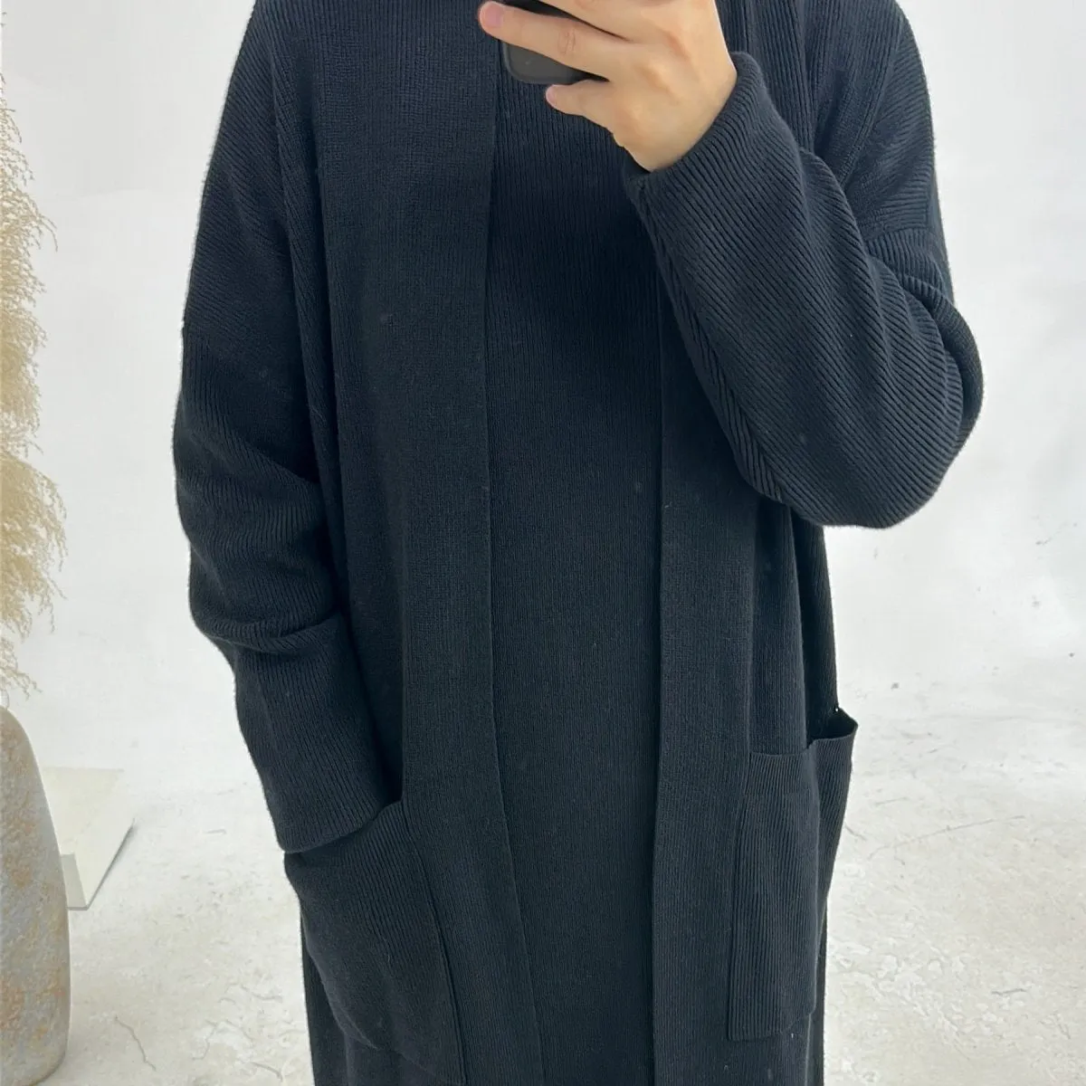 Knitted Open Abaya For Autumn and Winter, 2-Piece Set with Pockets (MOA103)