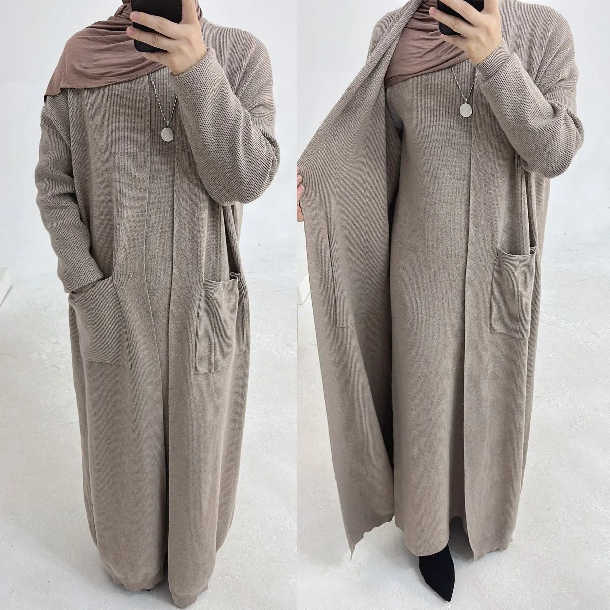 Knitted Open Abaya For Autumn and Winter, 2-Piece Set with Pockets (MOA103)