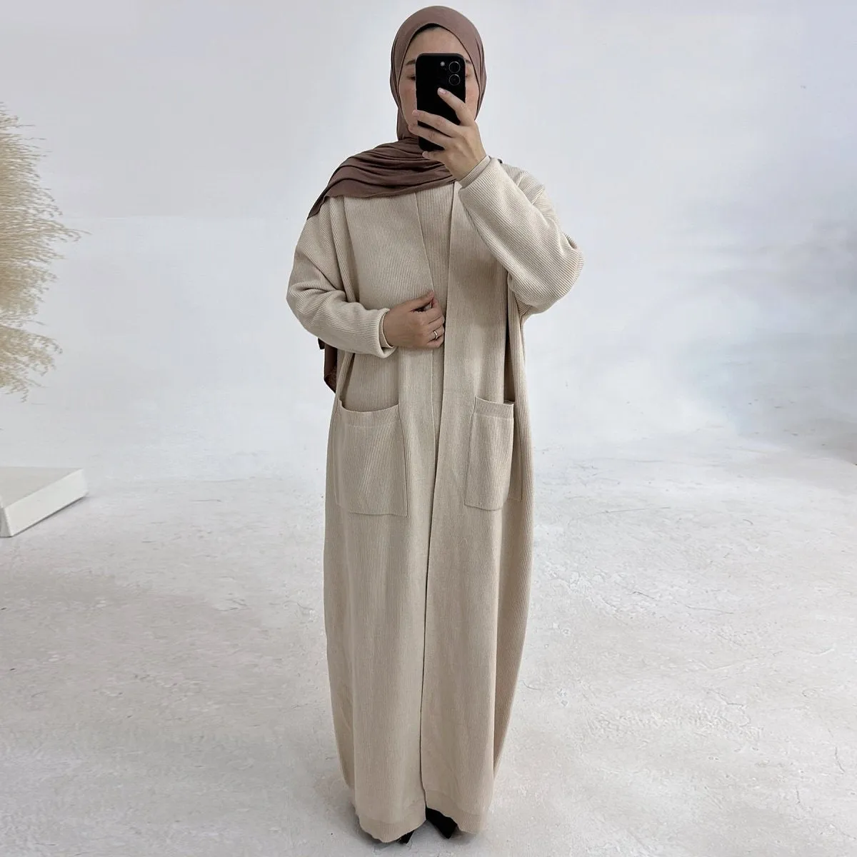 Knitted Open Abaya For Autumn and Winter, 2-Piece Set with Pockets (MOA103)