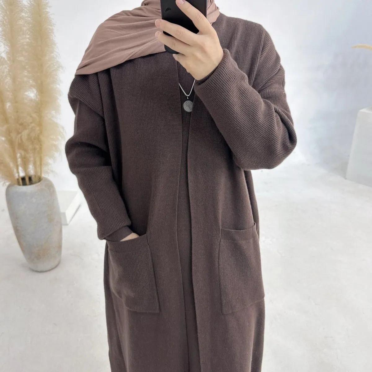 Knitted Open Abaya For Autumn and Winter, 2-Piece Set with Pockets (MOA103)