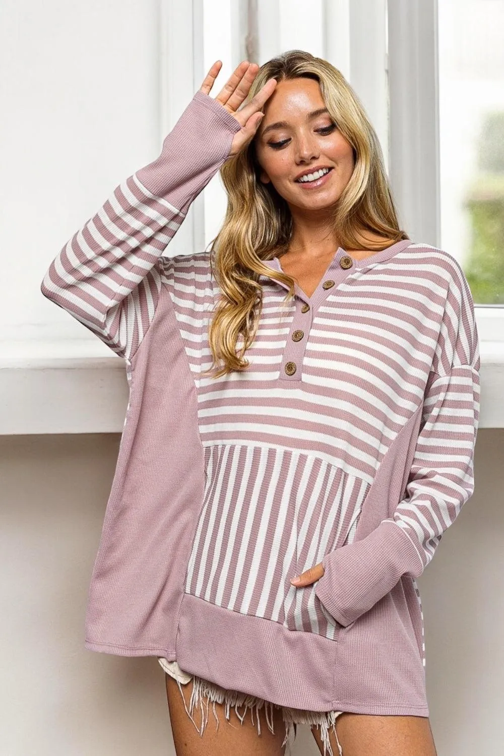 Mauve Striped Thumbhole Long Sleeve Top