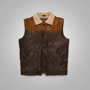 Mens Brown Shearling Fur Sheepskin Leather Vest