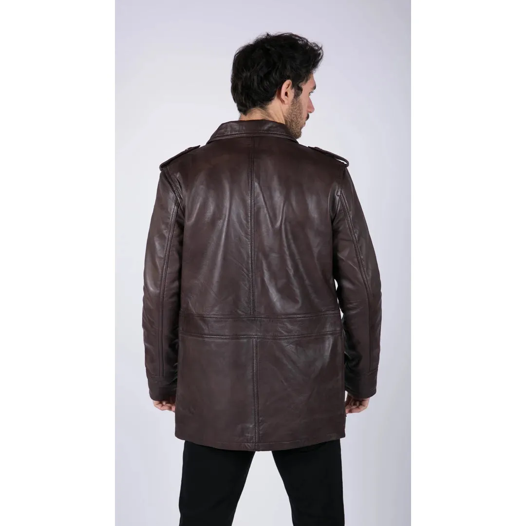 Men's Leather Safari Parka Coat Black Brown Jacket