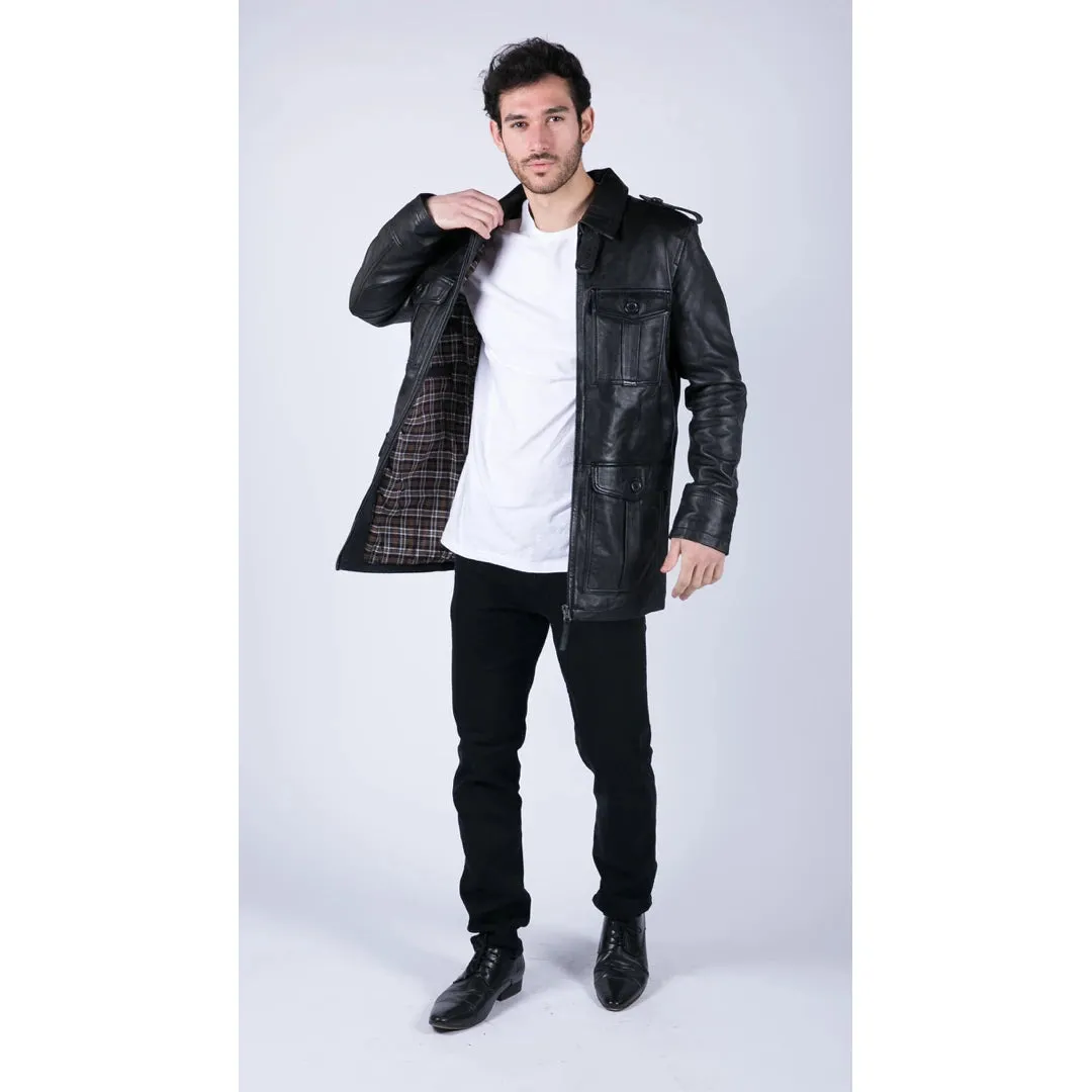 Men's Leather Safari Parka Coat Black Brown Jacket