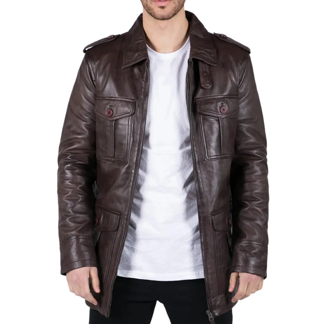 Men's Leather Safari Parka Coat Black Brown Jacket