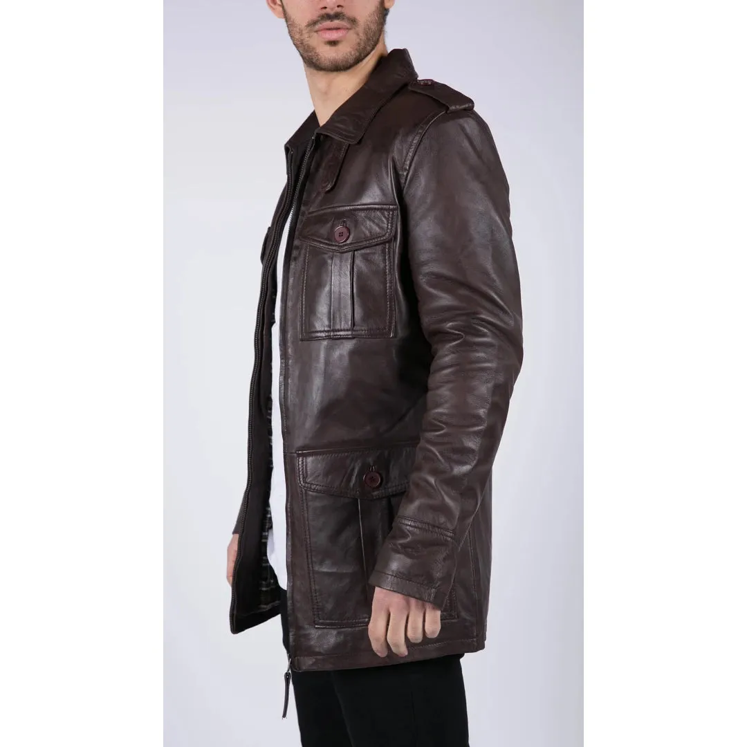 Men's Leather Safari Parka Coat Black Brown Jacket