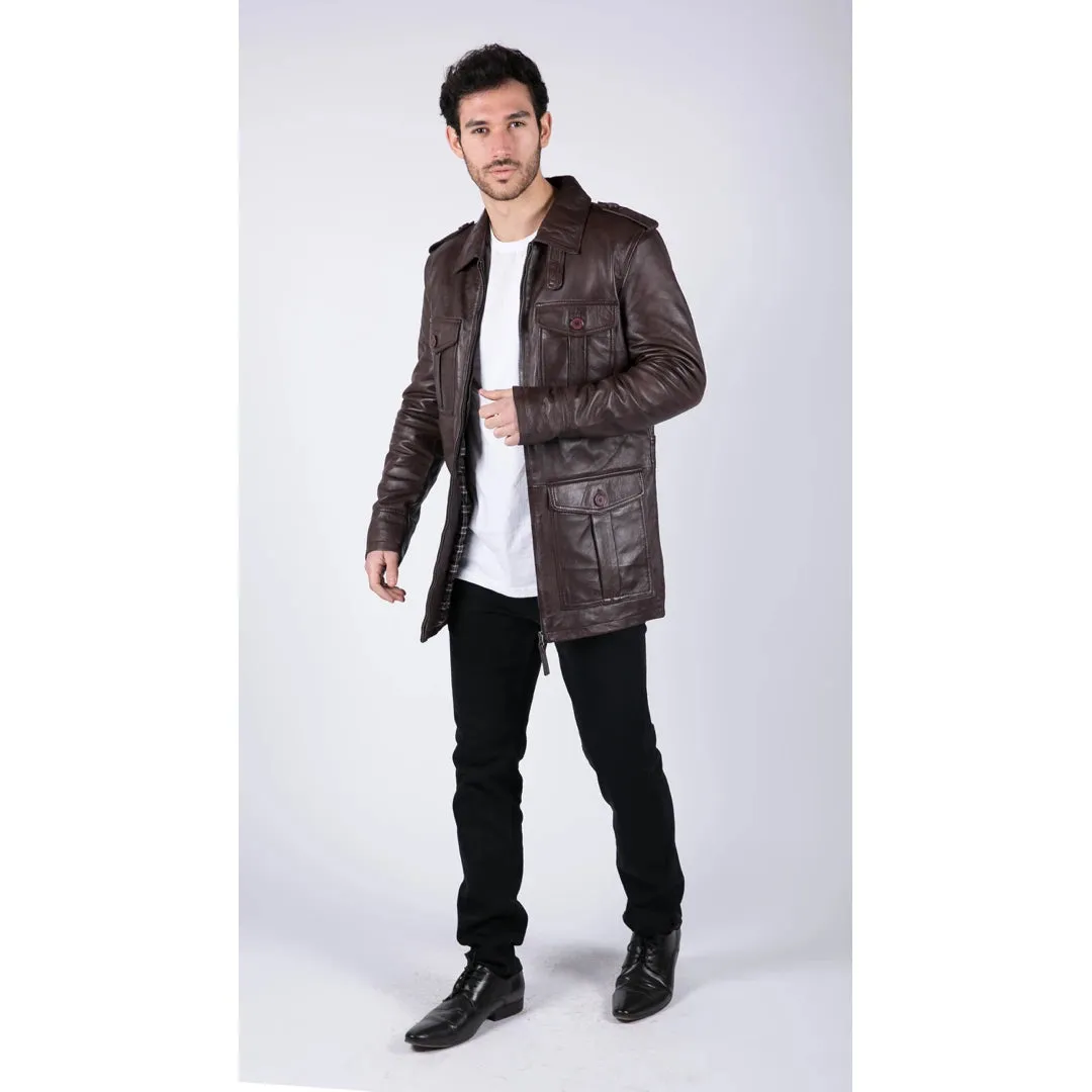 Men's Leather Safari Parka Coat Black Brown Jacket