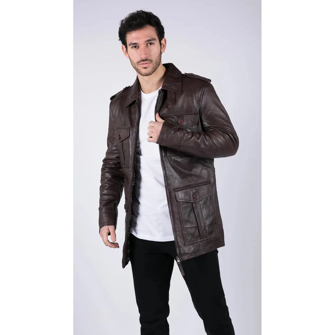 Men's Leather Safari Parka Coat Black Brown Jacket