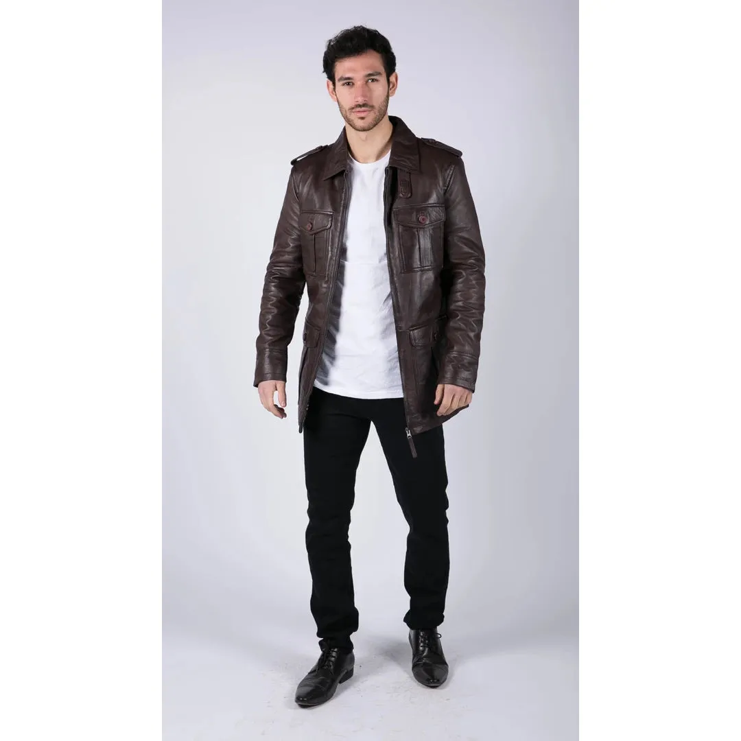 Men's Leather Safari Parka Coat Black Brown Jacket