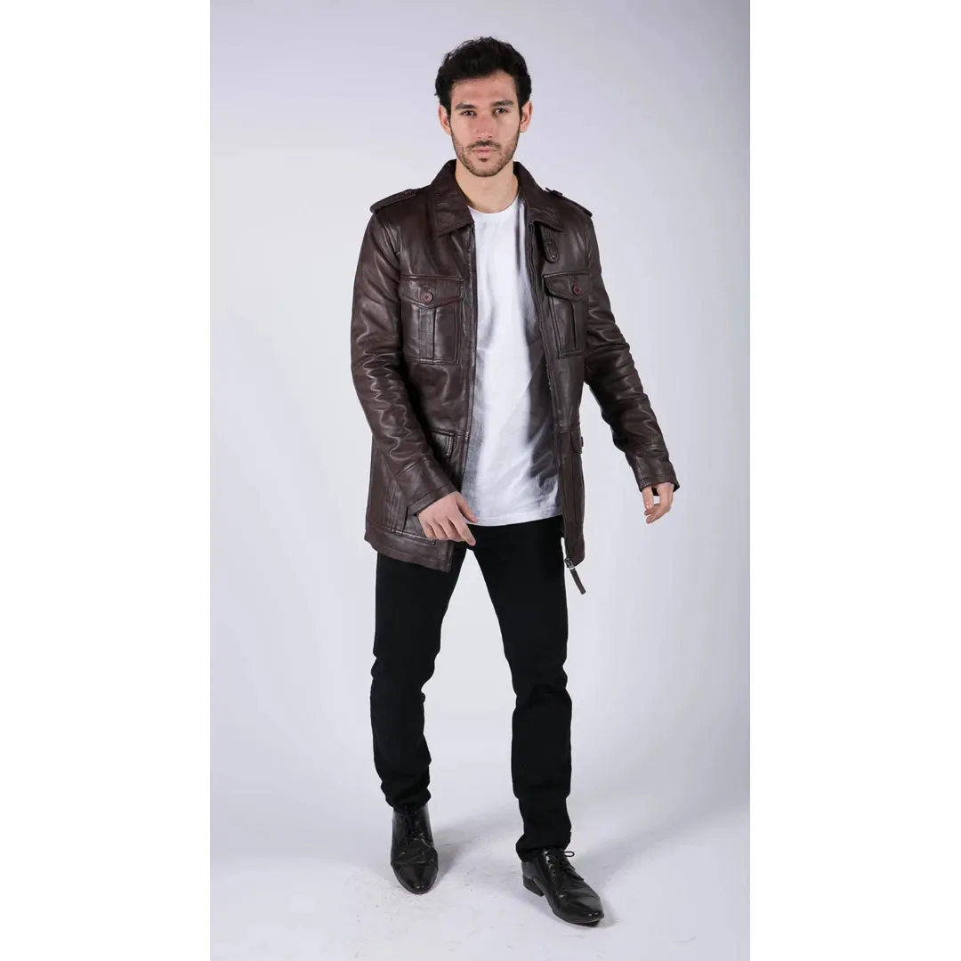 Men's Leather Safari Parka Coat Black Brown Jacket