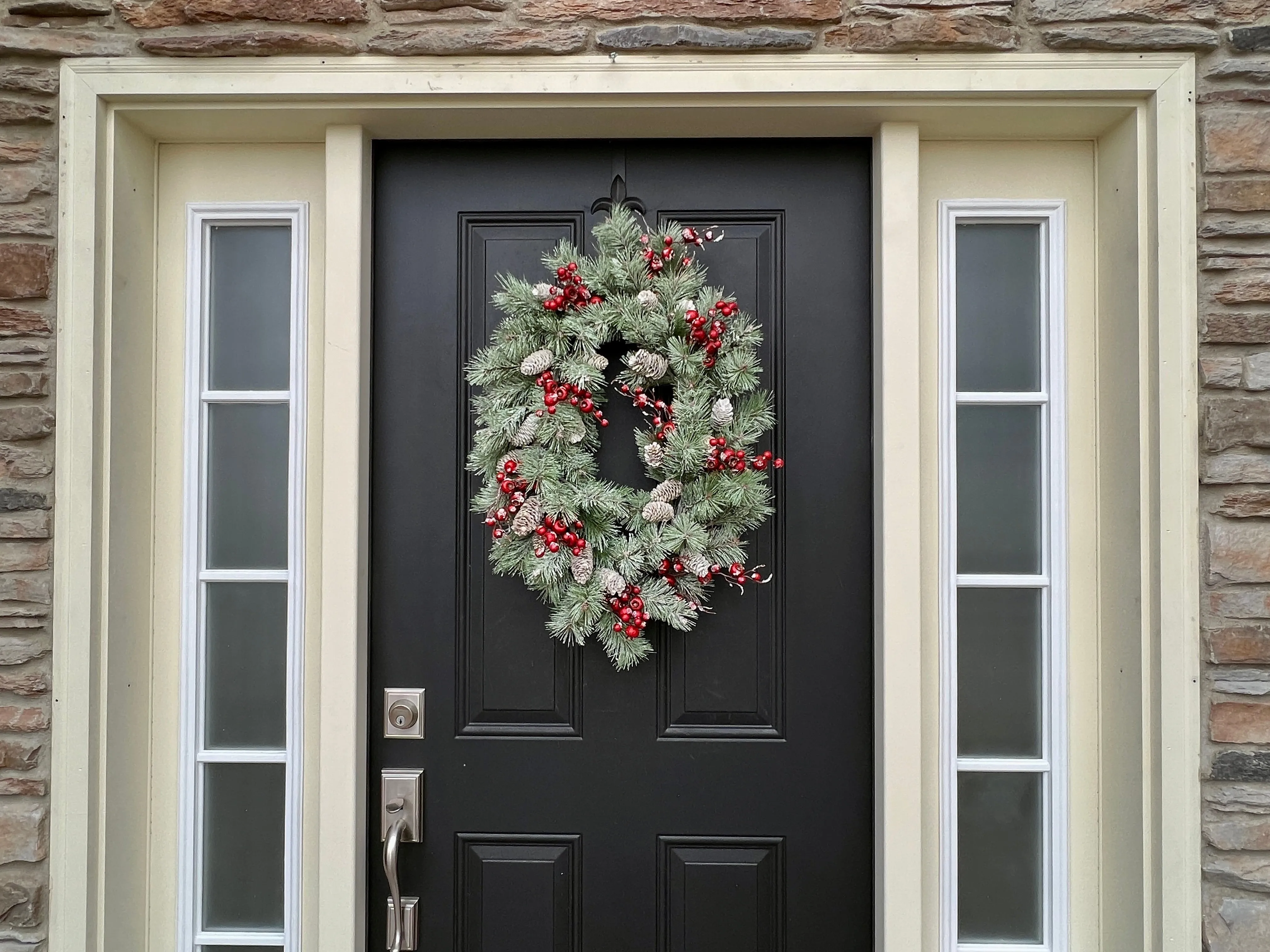 Oval Flocked Winter Pine Wreath with Red Berries and Pinecones