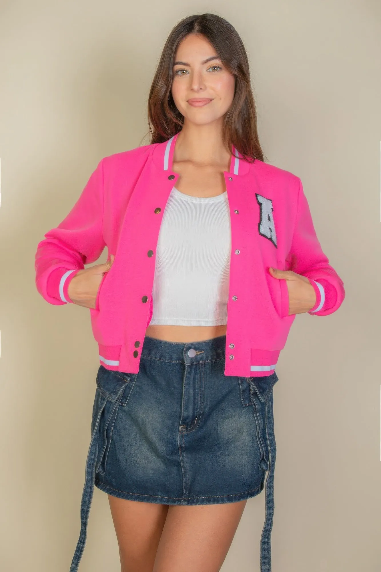 Patched Crop Varsity Jacket