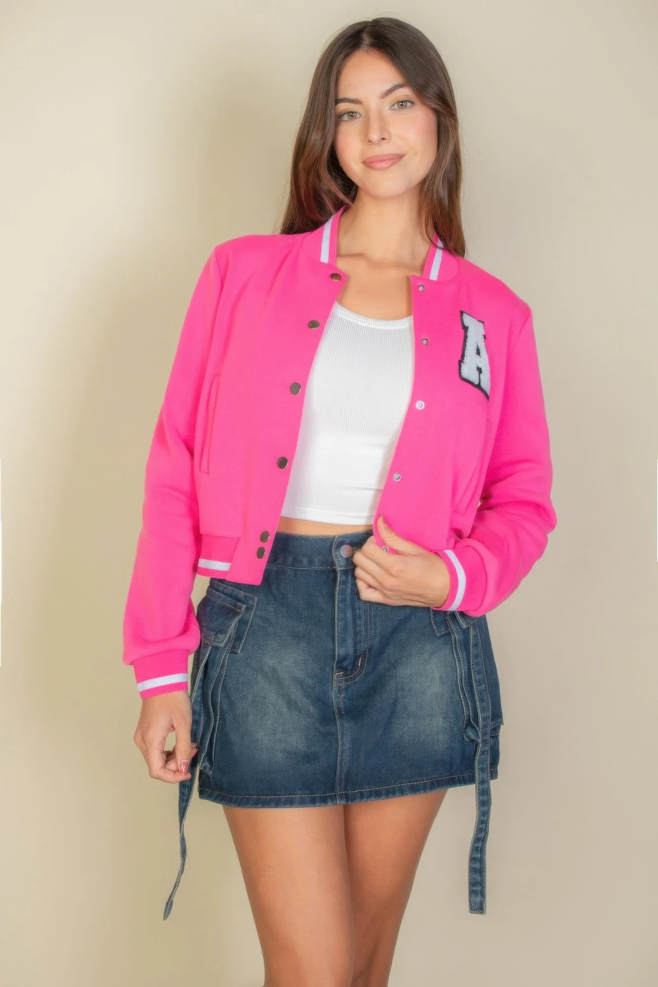 Patched Crop Varsity Jacket