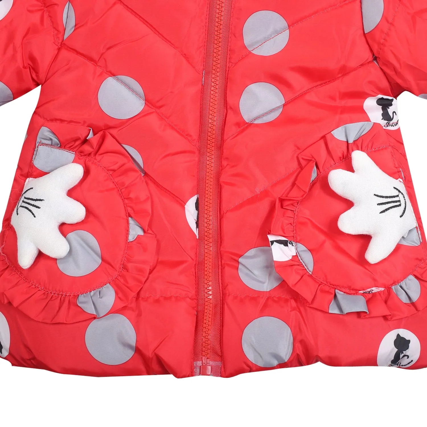 Polka Dotted Red Hooded Full Sleeve Padded Jacket