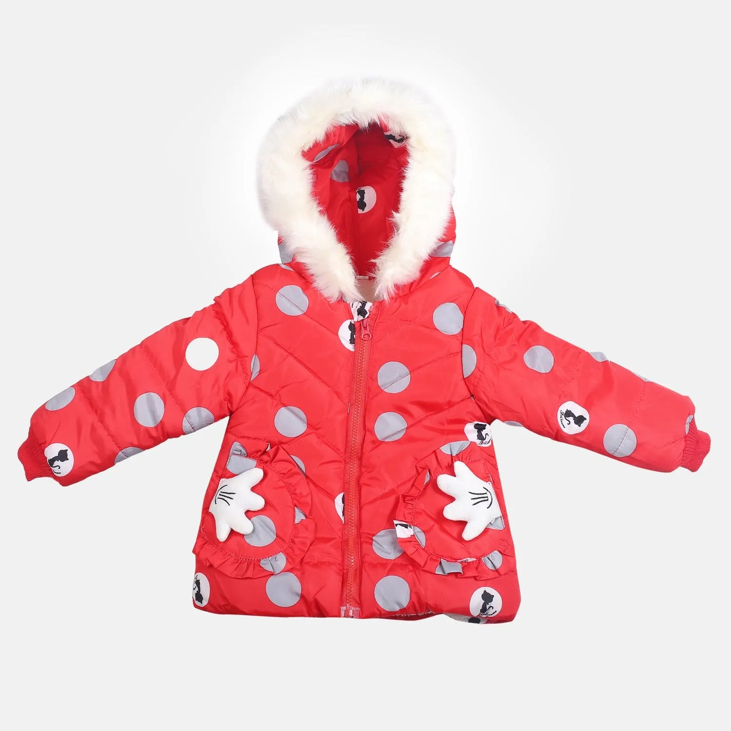 Polka Dotted Red Hooded Full Sleeve Padded Jacket