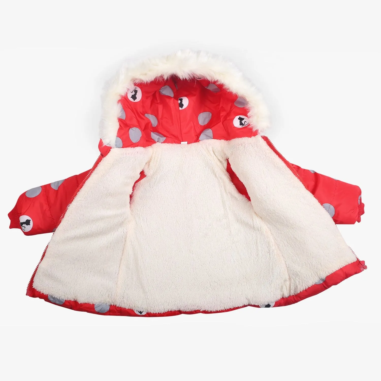 Polka Dotted Red Hooded Full Sleeve Padded Jacket