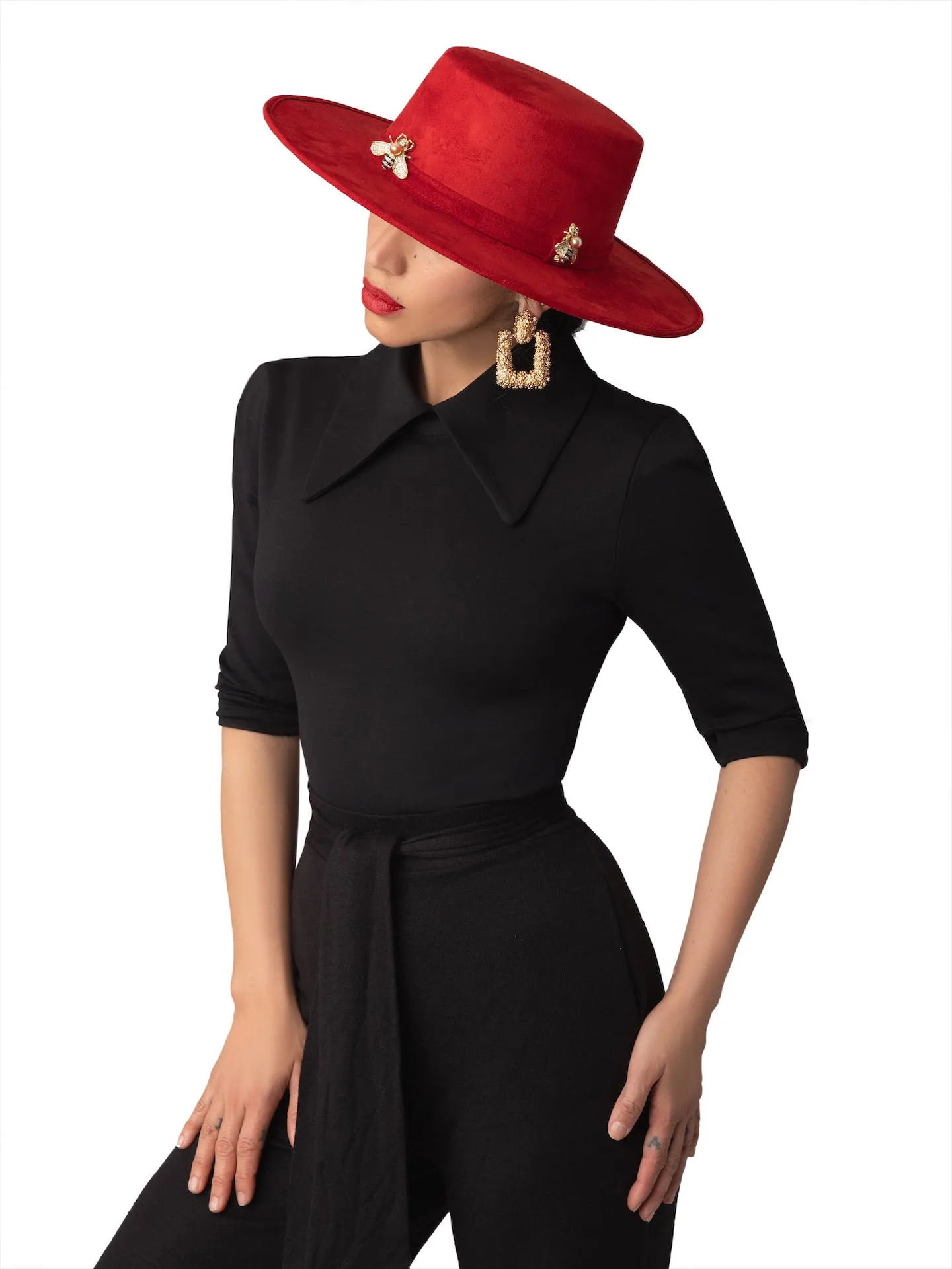 "Icon" Red Embellished Wide Brim Hat