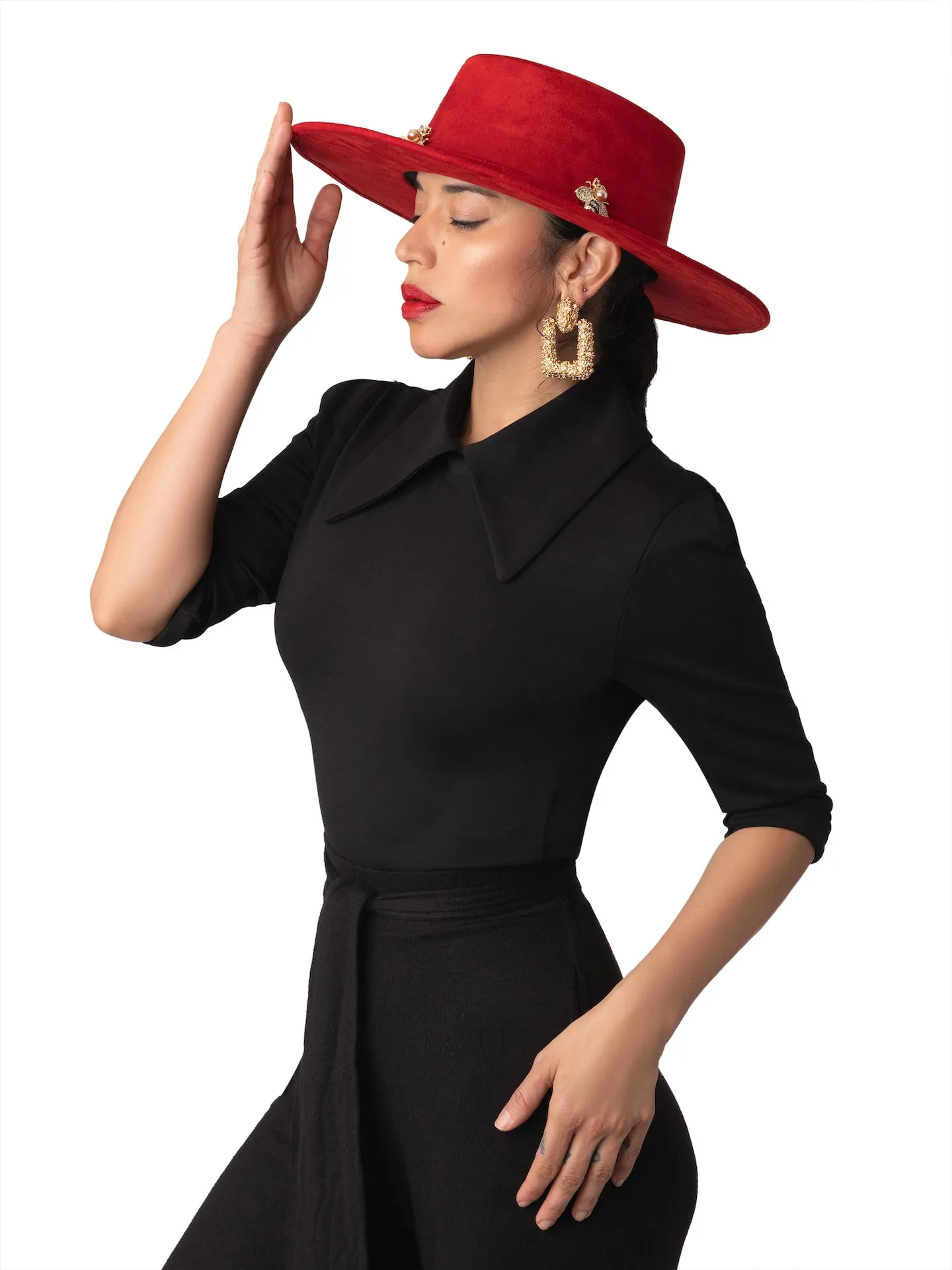 "Icon" Red Embellished Wide Brim Hat