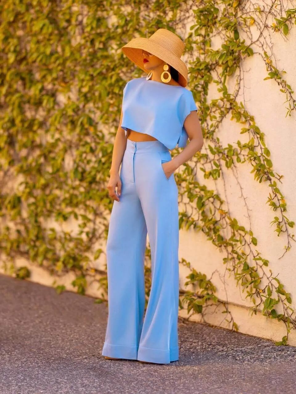 "Zakynthos" Lt. Blue High Waist Wide Leg Pants