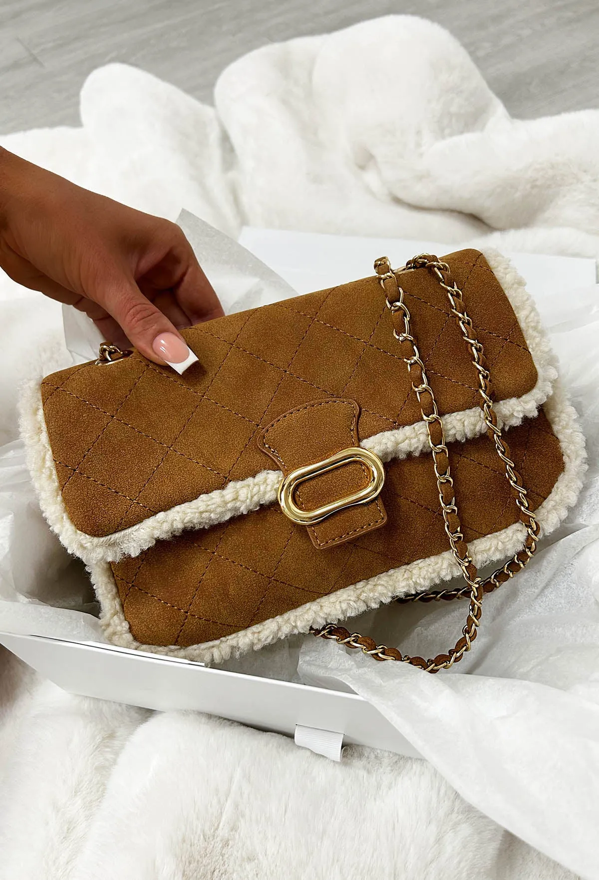 Reagan Tan Faux Sheepskin Shoulder Bag