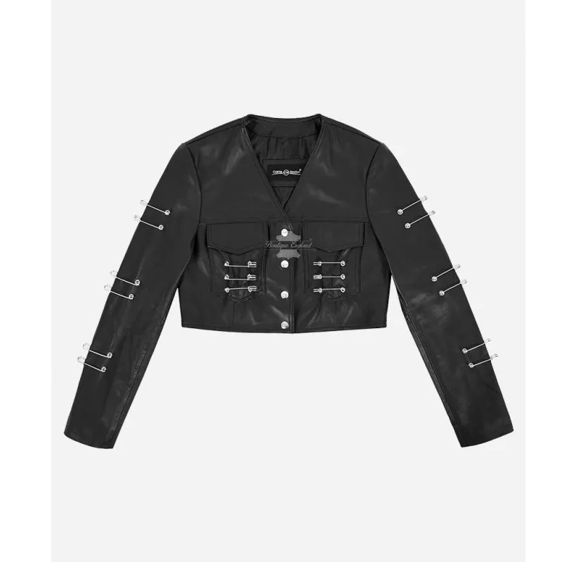 Rebel Chic Gothic Ladies Cropped Jacket Safety Pins Black Leather Jacket