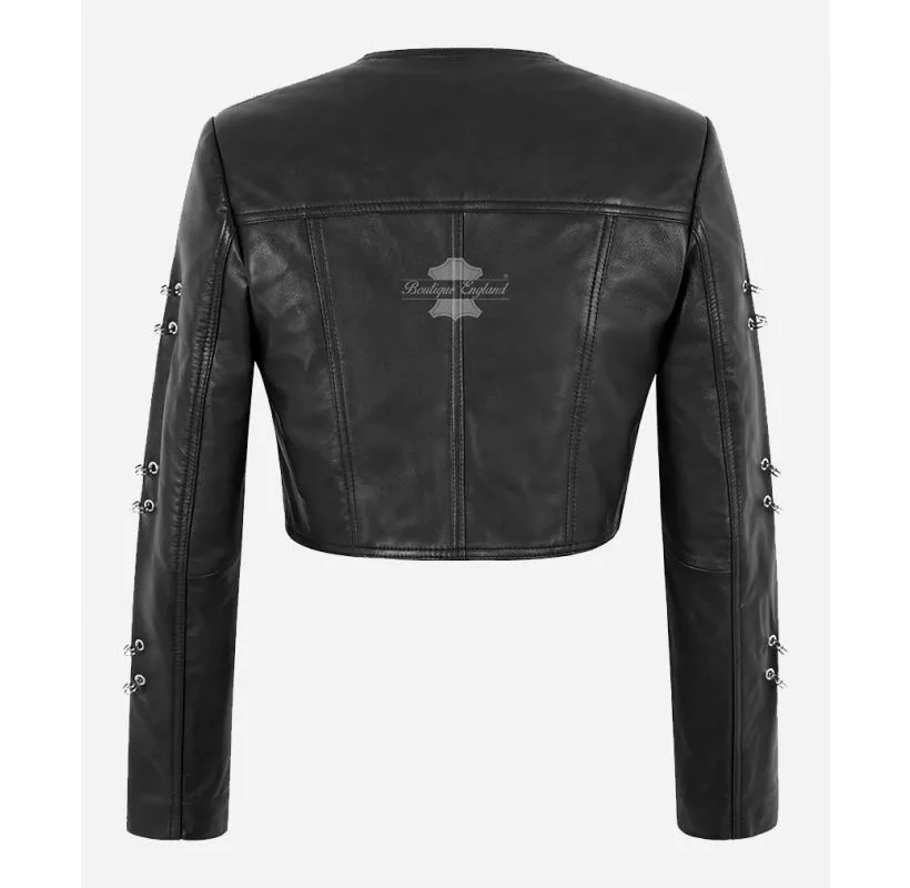 Rebel Chic Gothic Ladies Cropped Jacket Safety Pins Black Leather Jacket