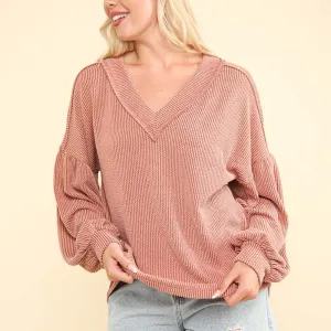 Ribbed V-Neck Oversized Long Sleeve Knit Top