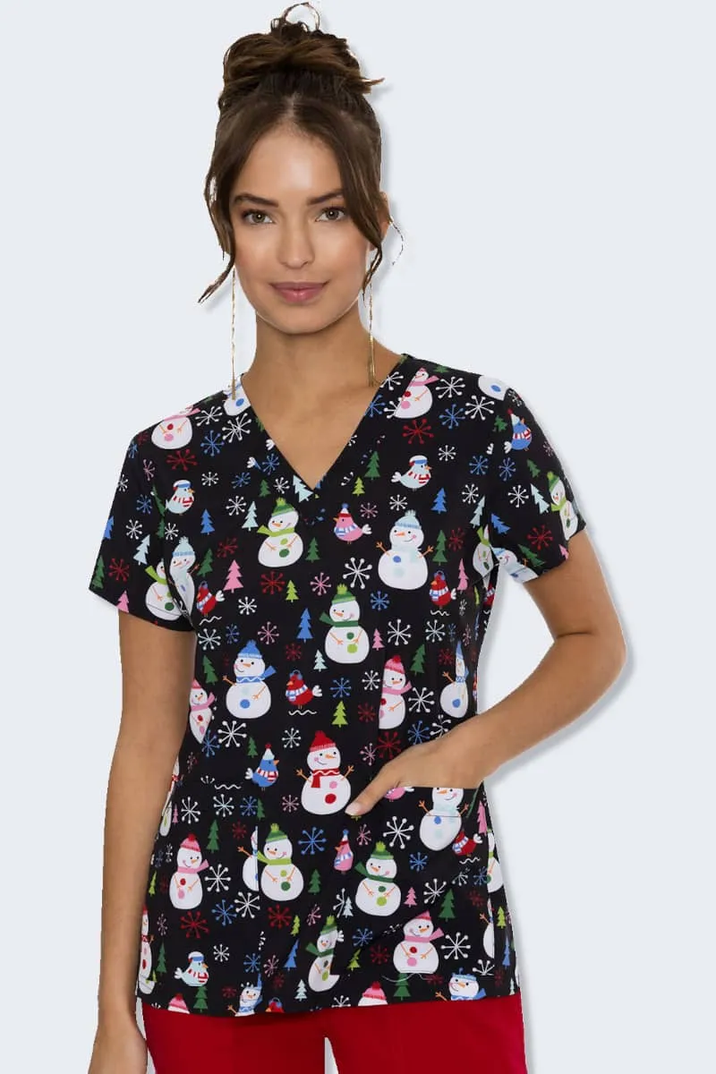 Snowflake Snowman Women's Print Scrub Top - MC8564