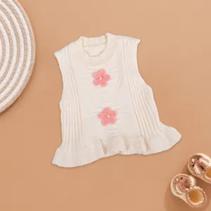 Soft Cream Knit Vest with Floral Appliqué