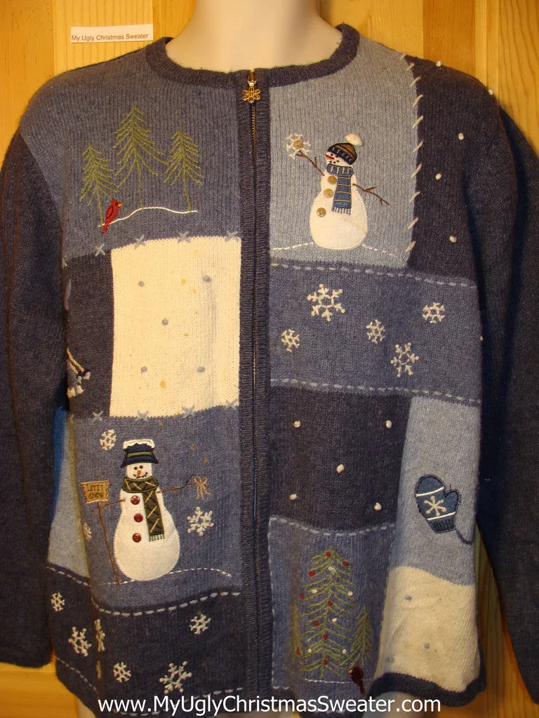 Tacky Ugly Christmas Sweater Zip Front & Snowmen & Snowflakes (f216)