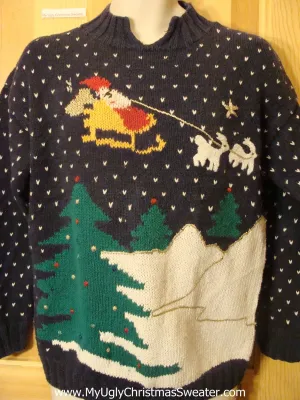 Ugly Christmas Sweater Santa and Flying Reindeer 80s