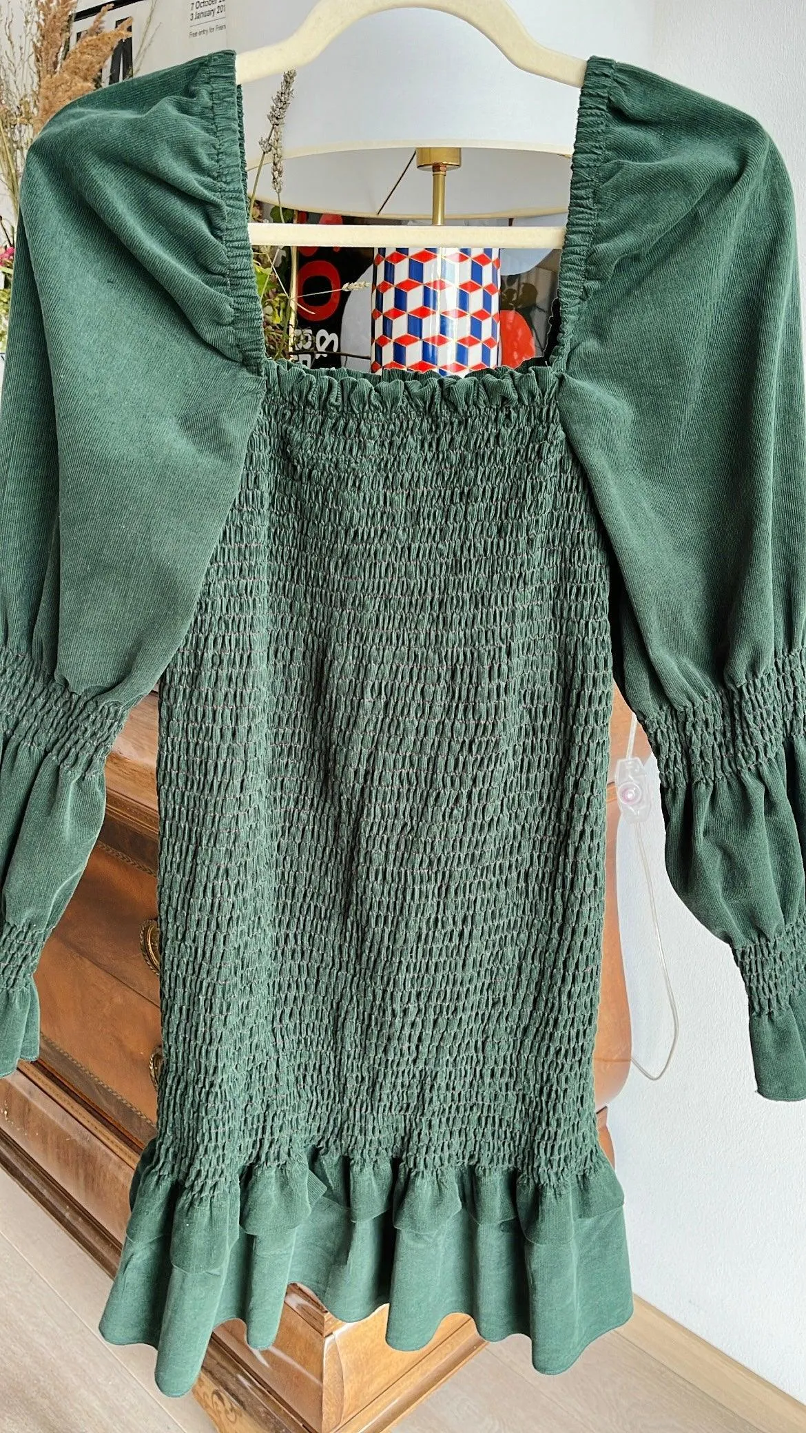 Venetia smocked short dress - pine green baby corduroy