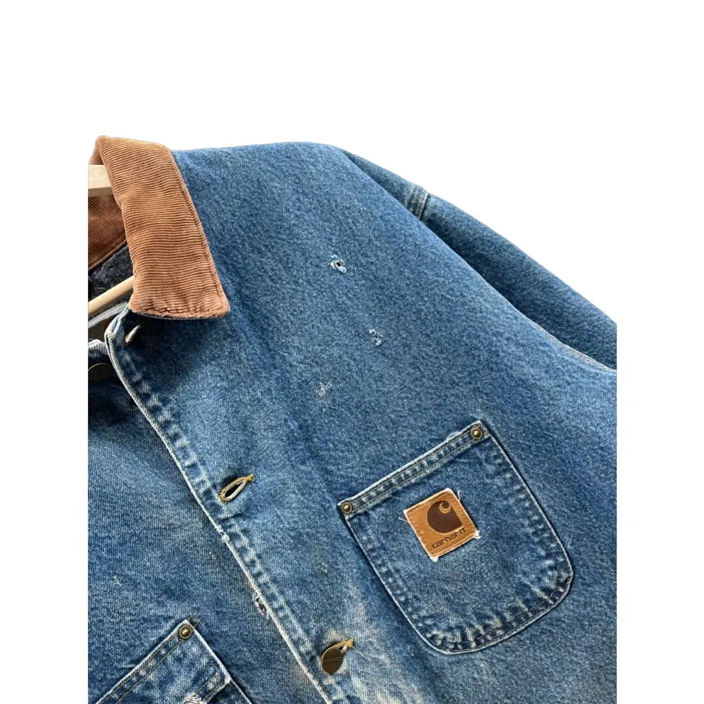 Vintage 1990's Carhartt Distressed Denim Blanket Lined Chore Jacket