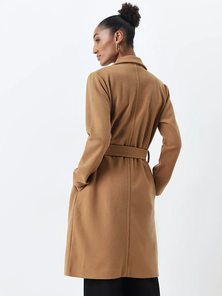 Wardrobe Tan Solid Long Coat with Belt