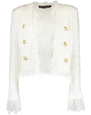 White Collarless Fringe Tweed Jacket