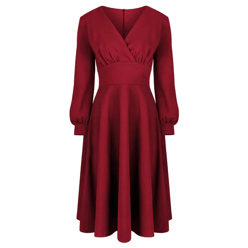 Wine Red Long Sleeve A Line Vintage Crossover Tea Swing Dress