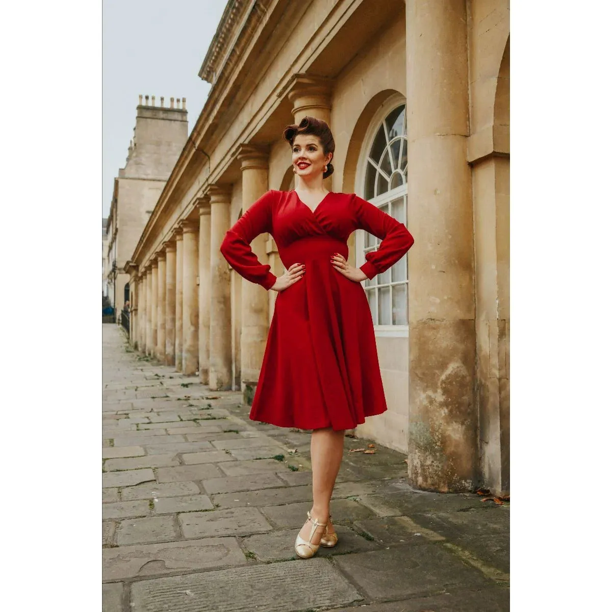 Wine Red Long Sleeve A Line Vintage Crossover Tea Swing Dress