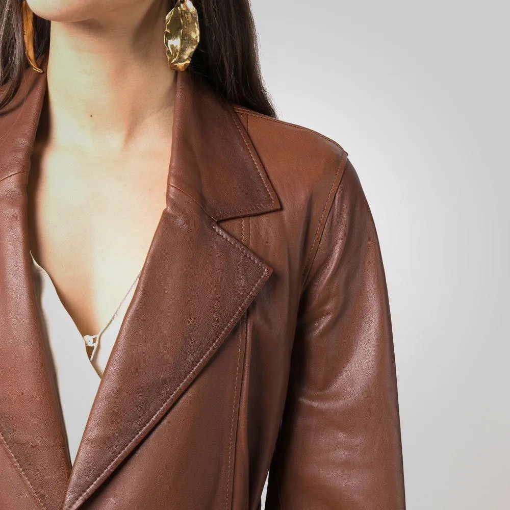 Women's Goatskin Belted Brown Leather Jacket