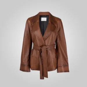 Women's Goatskin Belted Brown Leather Jacket