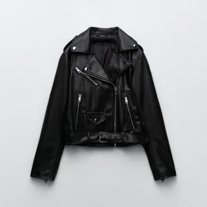 Women's Motorcycle Sheepskin Biker Leather Jacket In Black