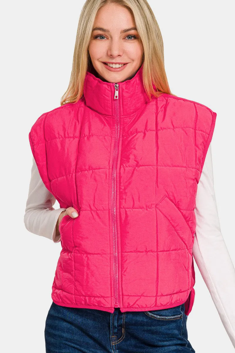 Zip Up Cropped Puffer Vest with Pockets